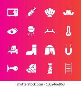 Premium set with fill vector icons. Such as kitchen, footwear, dentist, beacon, microwave, drill, atlas, boot, fashion, oven, shell, cargo, foot, ladder, lighthouse, geography, adventure, world, house