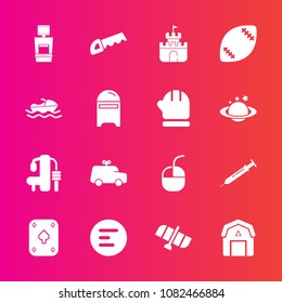 Premium set with fill vector icons. Such as needle, device, mobile, internet, button, scan, barn, station, vessel, machine, app, childhood, gym, football, american, technology, staple, construction