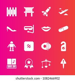 Premium set with fill vector icons. Such as stamp, wall, technology, fence, baby, hotel, barrier, shrine, label, machine, first, kitchen, newborn, mobile, award, rocket, motel, place, toy, post, sound