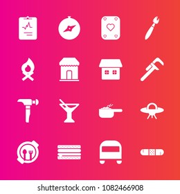 Premium set with fill vector icons. Such as game, flame, play, hot, kid, burger, ufo, health, transportation, bonfire, saw, pot, dinner, cheeseburger, hammer, table, fireplace, juice, transport, drink