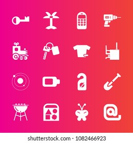 Premium set with fill vector icons. Such as play, message, leaf, shovel, construction, mobile, energy, science, summer, telephone, envelope, bbq, grill, meat, hand, hotel, butterfly, ball, phone, bear