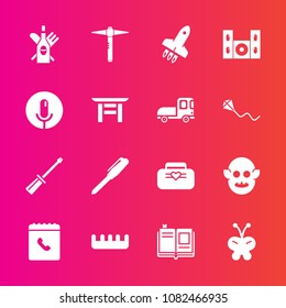 Premium set with fill vector icons. Such as book, white, alcohol, repair, rocket, monster, stationery, screwdriver, textbook, nature, education, wine, red, pen, equipment, home, glass, office, work