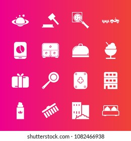 Premium set with fill vector icons. Such as law, play, house, perfume, double, find, bottle, holiday, gift, building, kitchen, globe, fashion, delivery, celebration, search, beauty, stroke, earth, pan