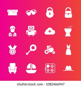 Premium set with fill vector icons. Such as sign, winner, cook, pub, chair, food, sweet, rattle, child, drink, beer, tractor, ship, vessel, baby, security, agricultural, female, award, toy, infant