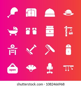 Premium set with fill vector icons. Such as food, child, meat, japanese, sign, gardening, open, shop, culture, raking, sensu, store, brush, pram, kid, bird, tool, stroller, drum, paint, salt, hat, fan