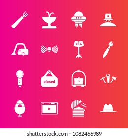 Premium set with fill vector icons. Such as restaurant, vacation, karaoke, hammer, art, food, music, exploration, microphone, dinner, spring, decoration, ufo, internet, coffee, spacecraft, sign, fork