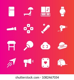 Premium set with fill vector icons. Such as communication, household, train, space, table, plane, home, game, transportation, watch, spacecraft, umbrella, flight, transport, sunbed, fridge, megaphone