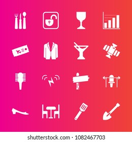 Premium set with fill vector icons. Such as unlock, tool, chair, diagram, kitchen, food, hair, lock, direction, table, equipment, furniture, weight, care, shovel, brush, security, fitness, sport, open