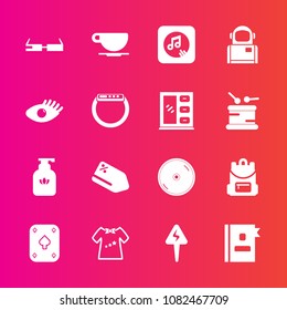Premium set with fill vector icons. Such as modern, clothes, cosmonaut, technology, tag, sign, phone, kid, discount, note, book, bottle, cappuccino, astronaut, dvd, smart, telephone, sound, sale, play
