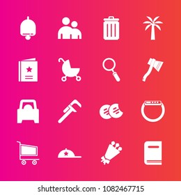Premium set with fill vector icons. Such as trolley, food, industrial, bell, human, people, floral, tool, clothing, market, trash, car, cart, garbage, call, fashion, vehicle, service, ring, bin, snack