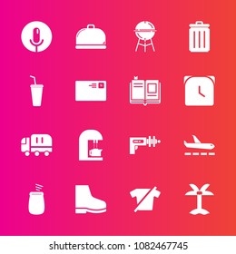Premium set with fill vector icons. Such as microphone, service, music, nature, delivery, grill, tropical, espresso, palm, cafe, travel, caffeine, clothing, percussion, food, barbecue, leaf, shirt