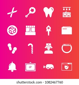 Premium set with fill vector icons. Such as ring, call, watch, security, care, gadget, dentist, pruning, cut, room, rattle, child, health, footwear, sweet, carriage, nurse, healthy, white, website, tv