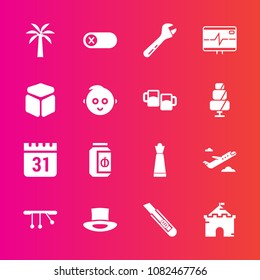 Premium set with fill vector icons. Such as calendar, tool, deactivate, cutter, castle, spanner, wrench, departure, medieval, off, game, building, equipment, plane, travel, hat, heart, piece, turn, 