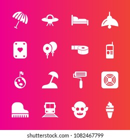 Premium set with fill vector icons. Such as beach, sea, globe, train, roll, planet, island, game, poker, sweet, cream, musical, alien, transportation, umbrella, dessert, spaceship, earth, music, space