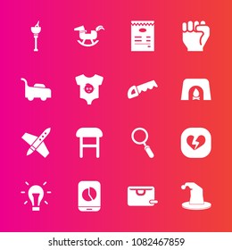 Premium set with fill vector icons. Such as bag, chart, circus, space, duck, glass, menu, concept, human, light, home, people, toy, ice, spaceship, idea, mobile, mower, chair, bucket, lawn, technology