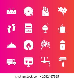 Premium set with fill vector icons. Such as roll, bathroom, service, medical, spice, paint, file, science, health, save, lollipop, sakura, sale, candy, seasoning, microphone, cherry, test, spring, tap