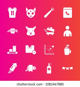 Premium set with fill vector icons. Such as internet, fork, sport, firework, space, happy, game, paint, celebration, shirt, cup, fiction, man, ufo, kitchen, luggage, cheese, bunny, clothes, event, bag