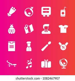Premium set with fill vector icons. Such as chief, flower, sale, sign, music, liquid, floral, cold, fitness, drink, global, musical, celebration, spoon, world, butterfly, flight, planet, blossom, box