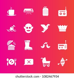 Premium set with fill vector icons. Such as spoon, animal, luggage, baby, cappuccino, drink, boat, conditioning, style, media, love, knife, pram, child, life, radio, chef, coffee, equipment, travel