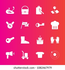 Premium set with fill vector icons. Such as delivery, plastic, fitness, restaurant, percent, package, clothes, key, science, planet, bicycle, glove, white, shirt, sand, galaxy, sign, fork, space, map