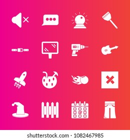 Premium set with fill vector icons. Such as time, wall, drink, sound, schedule, food, street, rocket, kitchen, hat, timetable, elegant, speech, belt, fence, pants, chat, comet, cooking, space, banner