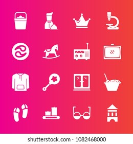 Premium set with fill vector icons. Such as food, handle, rattle, queen, cabinet, water, noodle, object, waiter, clothing, infant, footwear, technology, bucket, toy, kamon, microscope, japan, royal
