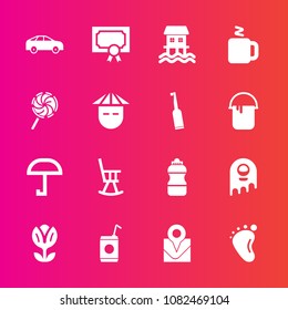 Premium set with fill vector icons. Such as chair, diploma, foot, space, monster, child, cold, liquid, location, floral, drink, umbrella, spring, travel, hot, bottle, cup, sweet, boat, frame, nature