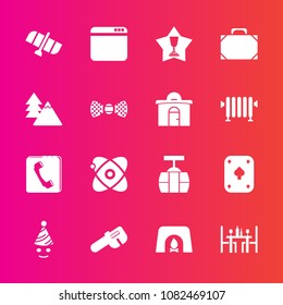 Premium set with fill vector icons. Such as website, hammer, orbit, play, book, warm, universe, space, cosmos, fire, transportation, phone, award, clown, celebration, station, planet, internet, train