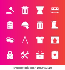 Premium set with fill vector icons. Such as alcohol, pack, location, spanner, instrument, trash, check, double, recycle, engineering, pub, musical, clothing, poker, garbage, home, bedroom, white, bed