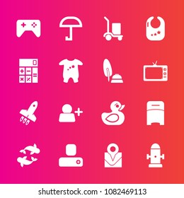 Premium set with fill vector icons. Such as food, white, bed, water, child, hydrant, rocket, delivery, infant, social, weather, rattle, account, location, person, duck, cargo, add, rain, map, rubber