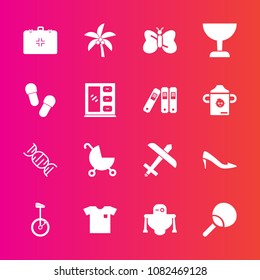 Premium set with fill vector icons. Such as plane, medical, leaf, table, search, aircraft, palm, health, insect, summer, robot, baby, glass, travel, footwear, fashion, stroller, clothing, white, sport