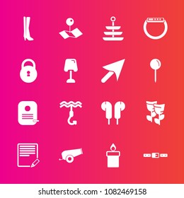 Premium set with fill vector icons. Such as fire, security, wax, plate, audio, music, pin, hook, map, table, candle, footwear, write, web, lock, location, document, home, floral, belt, blossom, gadget