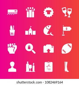 Premium set with fill vector icons. Such as user, shirt, holiday, wine, clothes, upload, gift, heart, account, drink, footwear, toothbrush, clothing, woman, game, air, human, red, hand, female, box