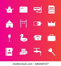 Premium set with fill vector icons. Such as telephone, wildlife, water, phone, file, bird, kitchen, business, house, leather, mask, communication, animal, paper, data, bucket, nature, book, document