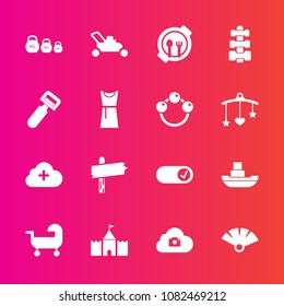 Premium set with fill vector icons. Such as vessel, plate, gym, ocean, potato, equipment, kitchen, kid, child, fashion, garden, sensu, add, grass, dress, cloud, weight, lawn, food, female, gardening, 