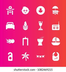 Premium set with fill vector icons. Such as hotel, label, music, summer, palm, xray, infant, avatar, japan, baby, culture, van, celebration, leaf, background, comet, happy, astronomy, toy, privacy