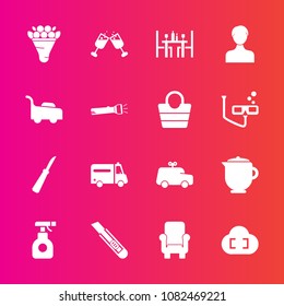 Premium set with fill vector icons. Such as furniture, armchair, childhood, restaurant, coffee, health, knife, pink, chemical, food, car, decoration, cutter, child, grass, floral, hospital, tea, lawn