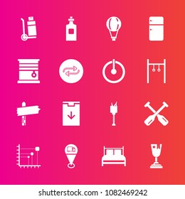 Premium set with fill vector icons. Such as ice, delivery, shipping, fridge, download, sky, canoe, sign, interior, award, place, paddle, web, water, alcohol, drink, parachute, achievement, winner, map