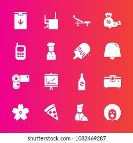 Premium set with fill vector icons. Such as circus, mobile, liquid, pizza, photography, clown, report, food, cherry, old, communication, office, beverage, sweet, drink, business, candy, holiday, desk