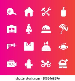 Premium set with fill vector icons. Such as dessert, equipment, clothing, war, hammer, dirt, clean, cake, extreme, space, tool, business, white, cooking, soap, building, wrench, nature, science, pan