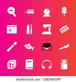 Premium set with fill vector icons. Such as ice, dessert, calendar, bed, modern, sea, kid, folder, library, spoon, bus, technology, time, dinner, data, child, education, book, document, transportation