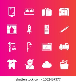 Premium set with fill vector icons. Such as present, banner, child, elevator, rocket, construction, calendar, cloud, ninja, japanese, samurai, japan, road, delivery, shipping, gift, box, curtain, baby