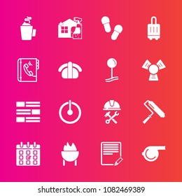 Premium set with fill vector icons. Such as builder, equipment, slipper, drink, referee, luggage, text, newspaper, barbecue, day, cup, power, timetable, sign, news, internet, tool, footwear, whistle