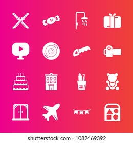 Premium set with fill vector icons. Such as present, window, home, ball, aircraft, samurai, background, cute, celebration, play, flag, real, airplane, estate, building, plane, dental, sword, fluffy