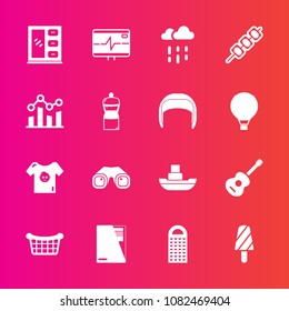 Premium set with fill vector icons. Such as sign, weather, music, file, home, ocean, kebab, boat, ship, store, document, paper, cabinet, clothes, binocular, child, guitar, heart, interior, furniture