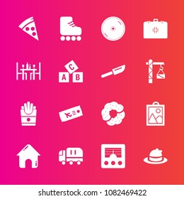 Premium set with fill vector icons. Such as food, house, pizza, plane, fashion, real, headwear, cake, dvd, estate, fun, cargo, lunch, delivery, ticket, antenna, disk, car, flight, wireless, transport