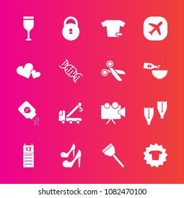 Premium set with fill vector icons. Such as sign, glass, high, clothing, car, flipper, alcohol, girl, summer, health, sea, shirt, sport, fashion, airplane, clothes, projector, kitchen, accident, truck