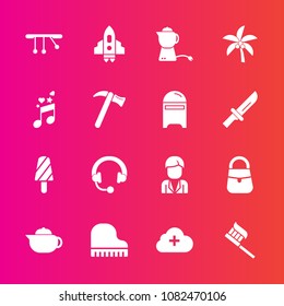 Premium set with fill vector icons. Such as fashion, health, leaf, music, brush, food, man, hygiene, dessert, breakfast, technology, palm, add, nature, craft, spanner, care, rocket, bag, musical, tool