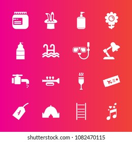 Premium set with fill vector icons. Such as tent, note, snorkel, ticket, red, jam, drink, glass, sink, food, outdoor, trumpet, faucet, nature, travel, adventure, pool, sea, plane, spring, floral, camp