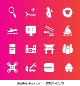 Premium set with fill vector icons. Such as cone, shrine, drone, technology, hotel, speaker, control, cheeseburger, service, camera, travel, children, burger, vacation, vehicle, home, cinema, bed, toy